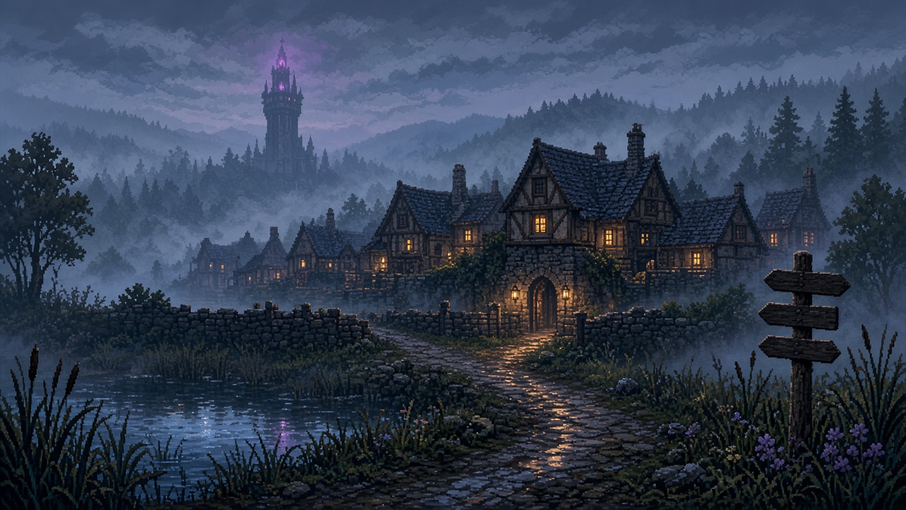 A walled town glimpsed through mist and lantern light, violet glow along a distant tower, in detailed pixel art.
